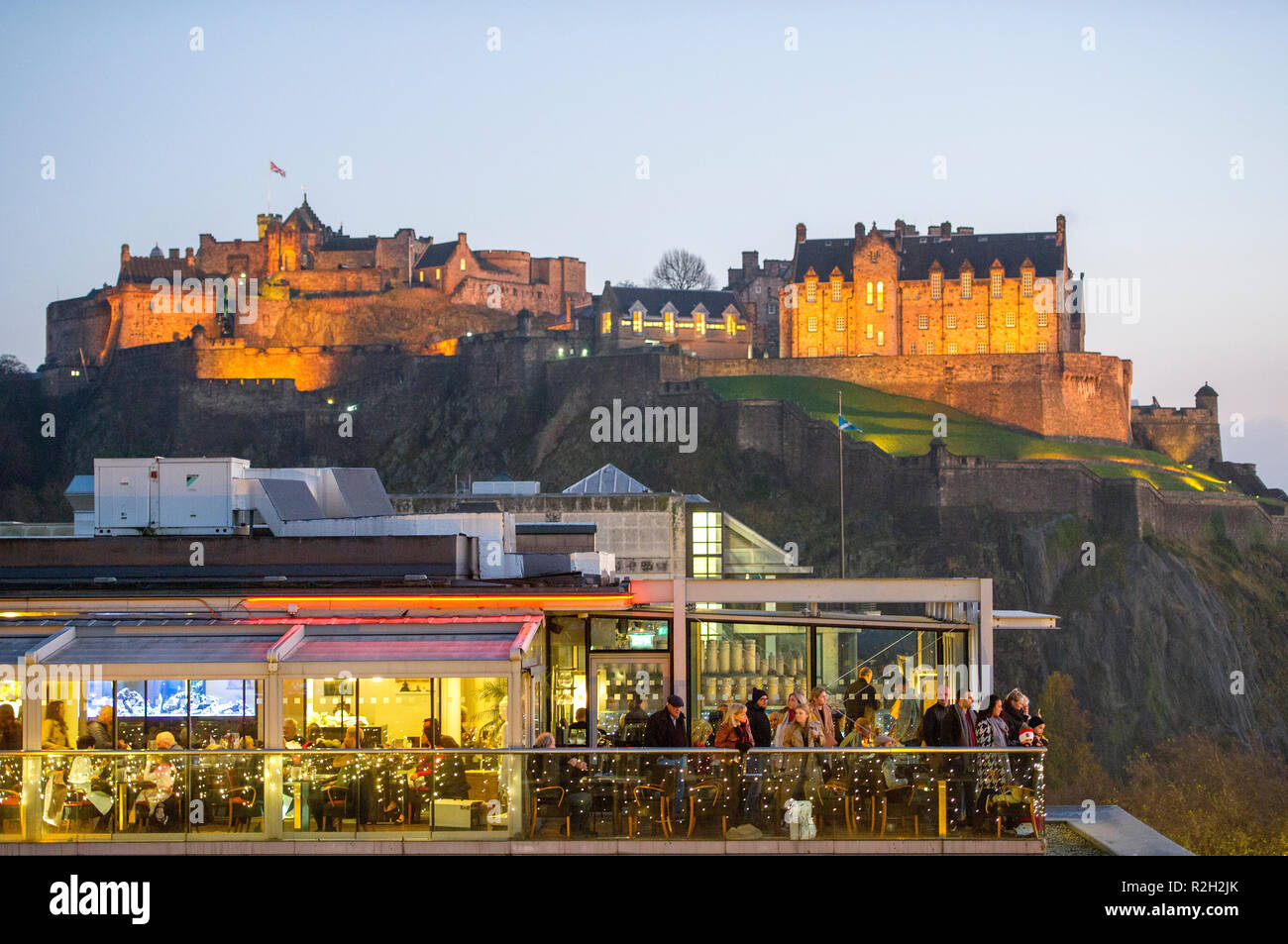 View of Edinburgh castle from George street. Stock Photo