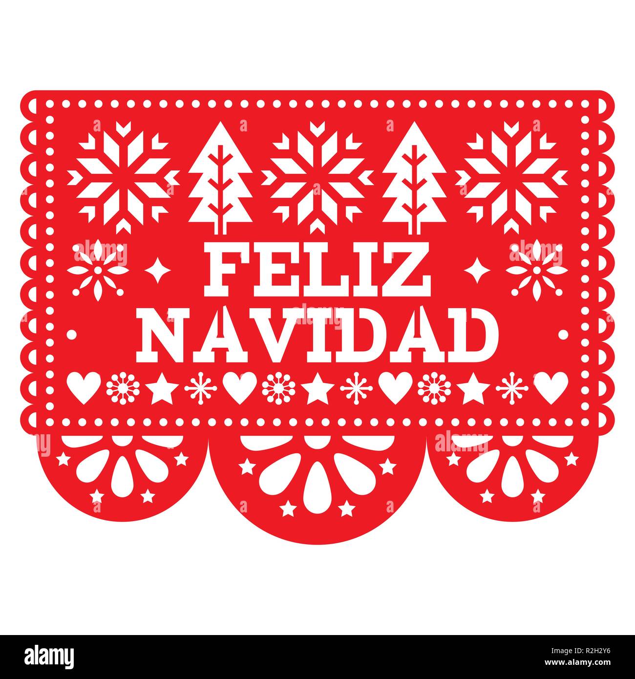 Feliz Navidad Papel Picado vector design, Mexican Xmas greeting card, red and white paper garland decoration pattern  Festive red party banner inspire Stock Vector