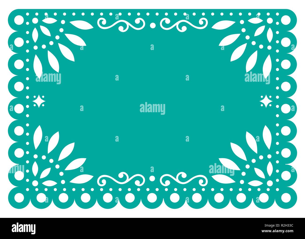Papel Picado vector template design in turquoise, Mexican paper decoration with flowers and geometric shapes    Traditional banner form Mexico, Cut ou Stock Vector