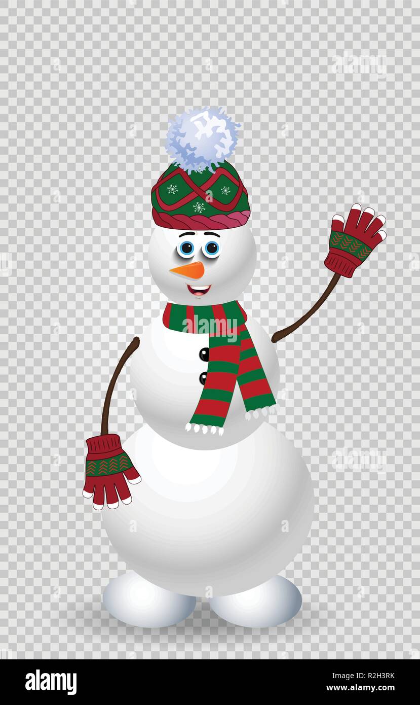 Cute cartoon snowman character in green knit hat, scarf and mittens ...