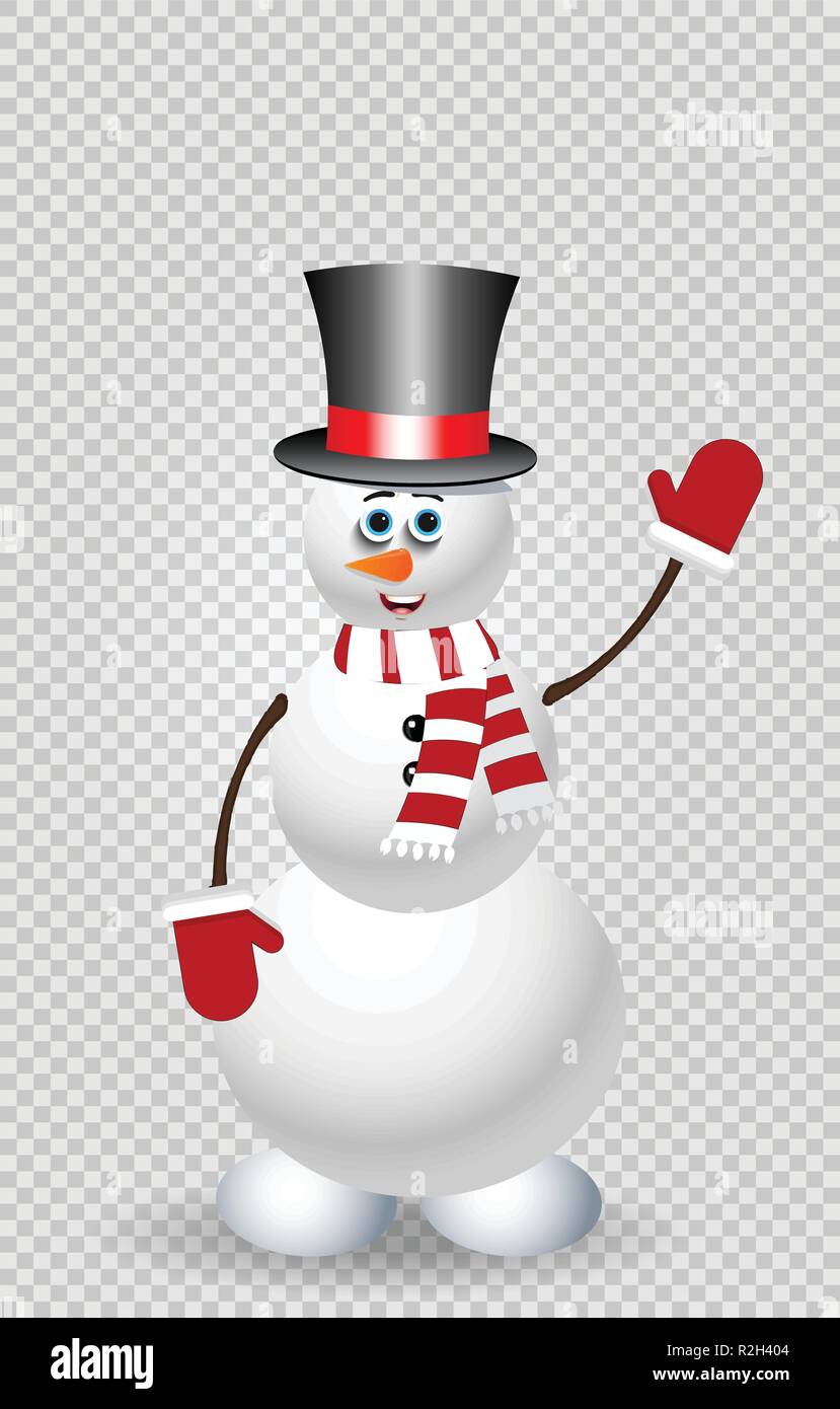 Cute Cartoon Snowman Character In Top Hat Red Striped Scarf Mittens With Hand Up Isolated On Transparent Background Vector Illustration Icon Clip Stock Vector Image Art Alamy