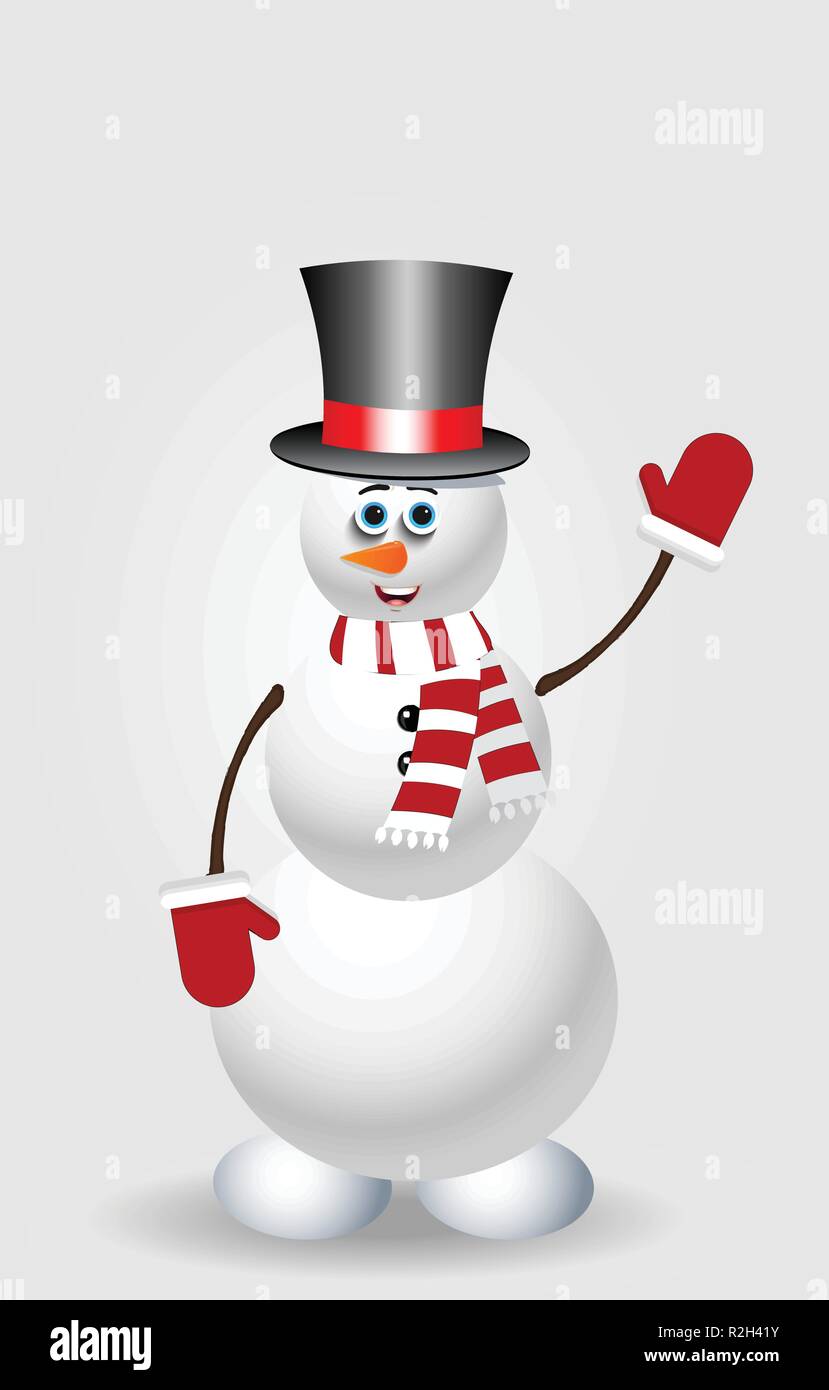 Cute cartoon snowman character in top hat, red striped scarf and ...