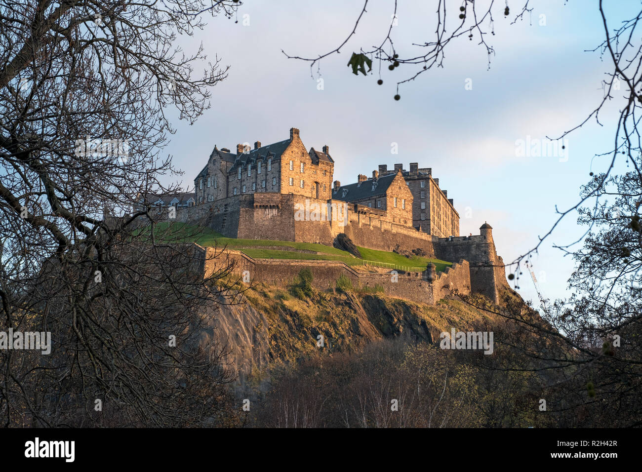 View of Edinburgh castle ramparts from Princes Street gardens. Stock Photo