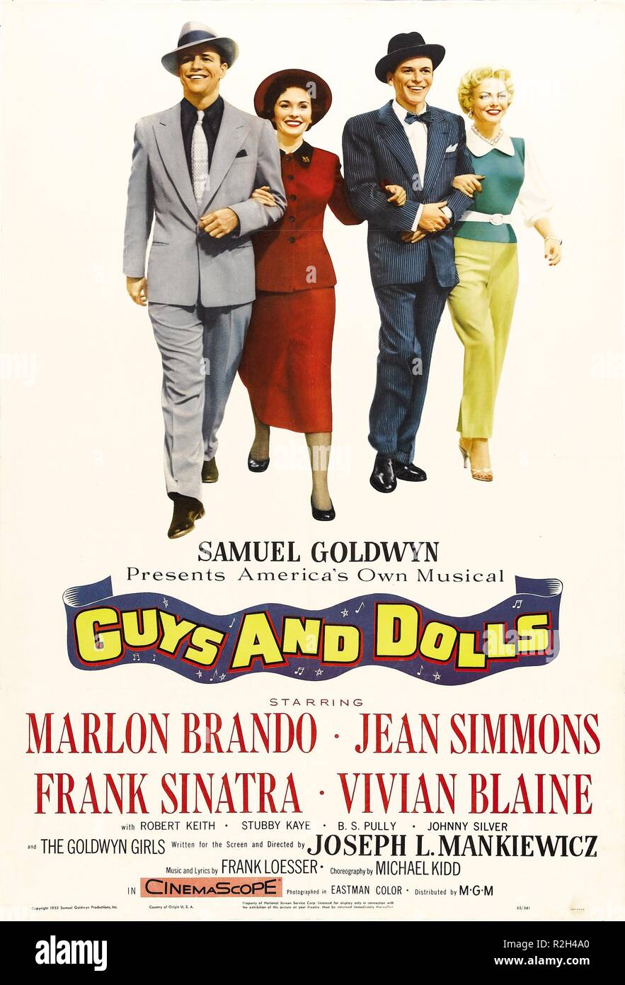 Guys and Dolls  Year : 1955 USA Director : Joseph L. Mankiewicz Marlon Brando, Jean Simmons, Frank Sinatra, Vivian Blaine Movie poster (USA) Stock Photo