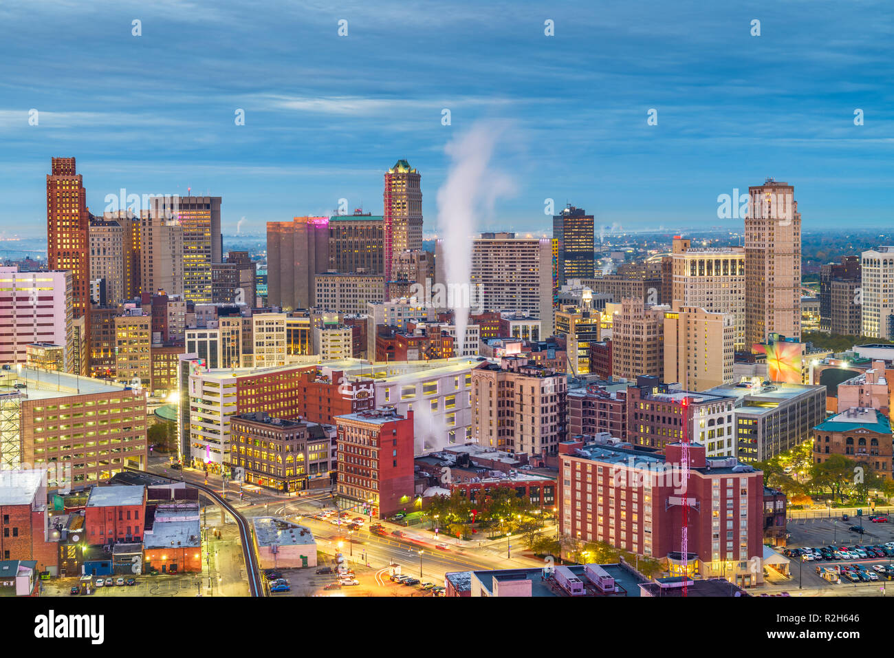 Detroit, Michigan, USA downtown skyline from above at dusk. Stock Photo