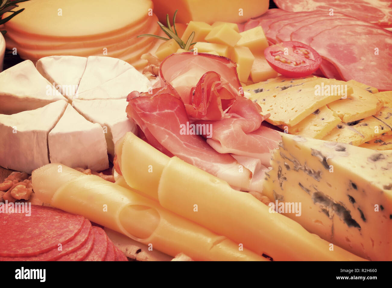 Swedish table with variety of good food, close up vintage view Stock Photo