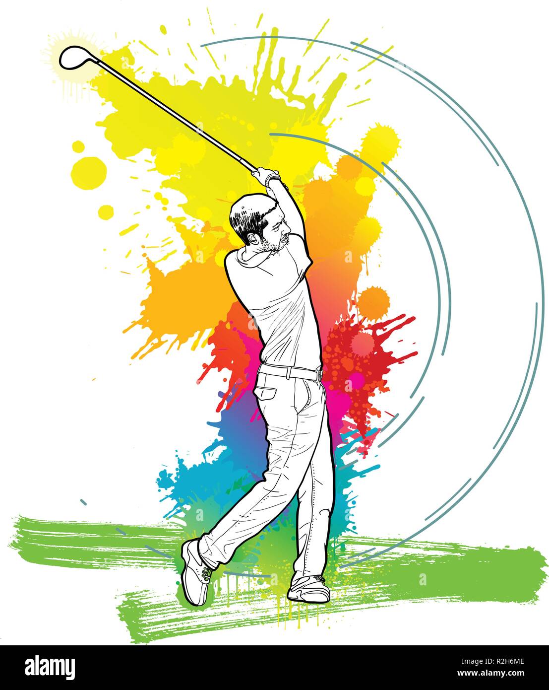 Golf player illustration. Player kicking golf ball. Stock Vector