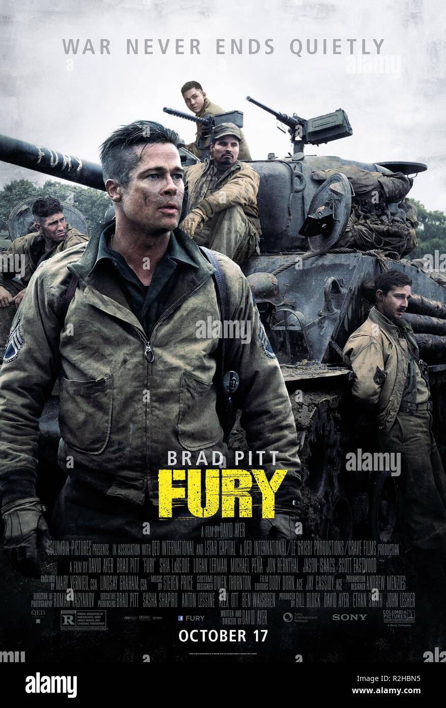Fury Year : 2014 USA Director : David Ayer Jon Bernthal, Brad Pitt, Logan Lerman, Michael Pena, Shia LaBeouf Movie poster (USA) Stock Photo