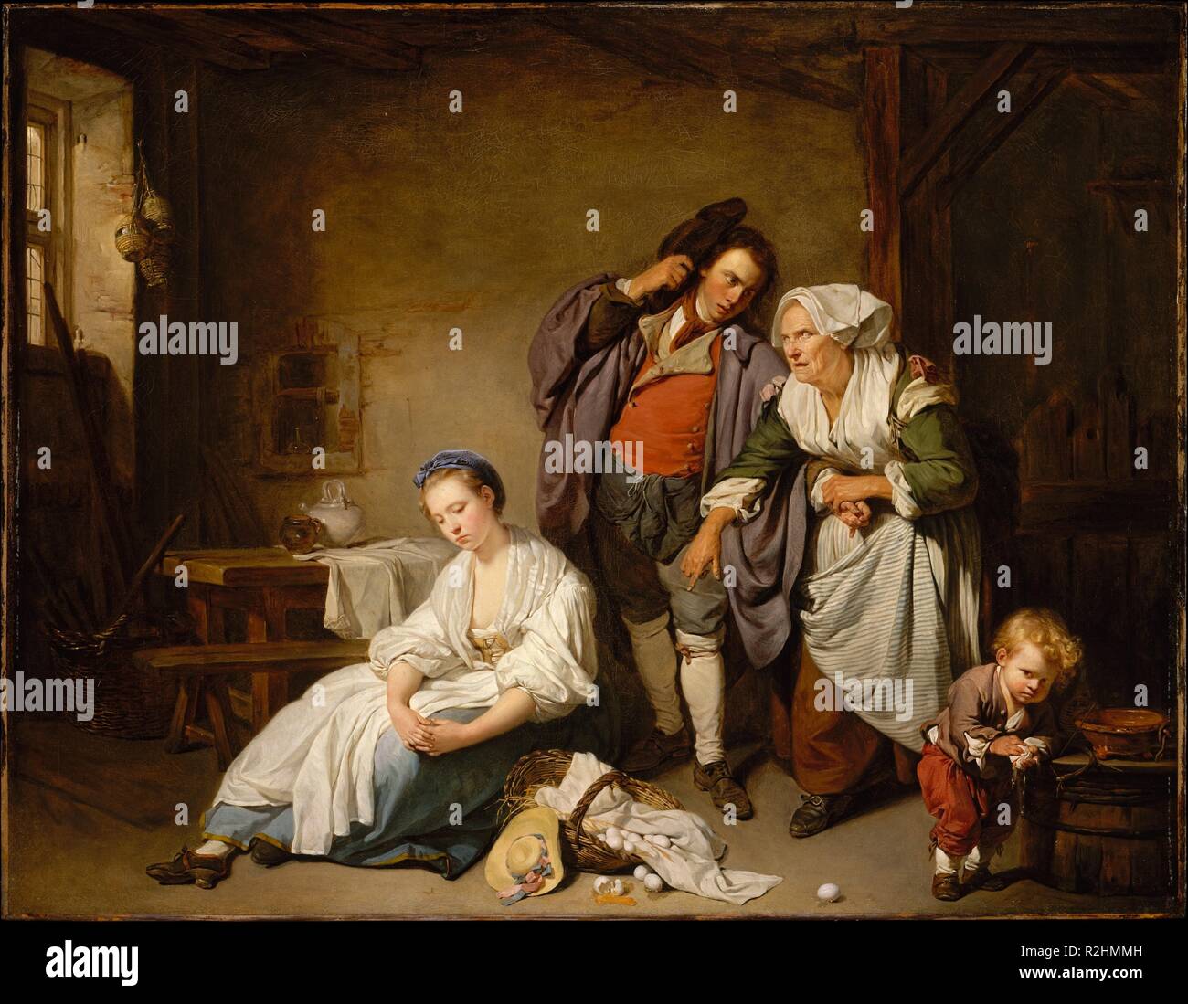 Broken Eggs. Artist: Jean-Baptiste Greuze (French, Tournus 1725-1805 Paris). Dimensions: 28 3/4 x 37 in. (73 x 94 cm). Date: 1756.  <i>Broken Eggs</i> attracted favorable comment when exhibited at the Paris Salon of 1757. One critic noted that the young serving girl had a noble pose worthy of a history painter.  The canvas was painted in Rome, but the principal source may have been a seventeenth-century Dutch work by Frans van Mieris the Elder (State Hermitage Museum, St. Petersburg), which Greuze would have known from an engraving. The broken eggs symbolize the loss of the girl's virginity. M Stock Photo
