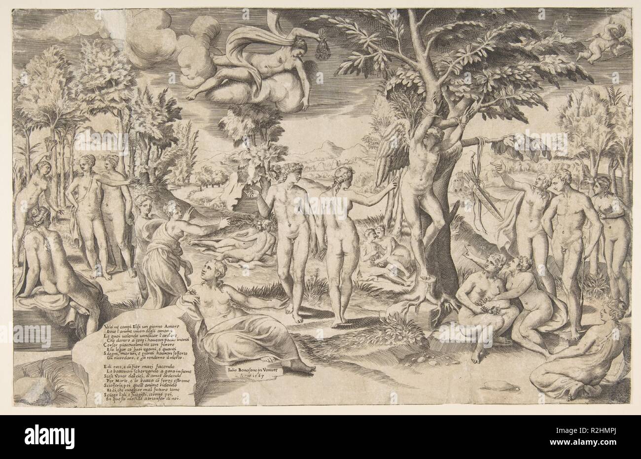 Cupid in the Elysian Fields tied to a tree in the centre, surrounded my many figures. Artist: Giulio Bonasone (Italian, active Rome and Bologna, 1531-after 1576). Dimensions: sheet: 9 x 14 1/16 in. (22.8 x 35.7 cm). Date: 1563. Museum: Metropolitan Museum of Art, New York, USA. Stock Photo