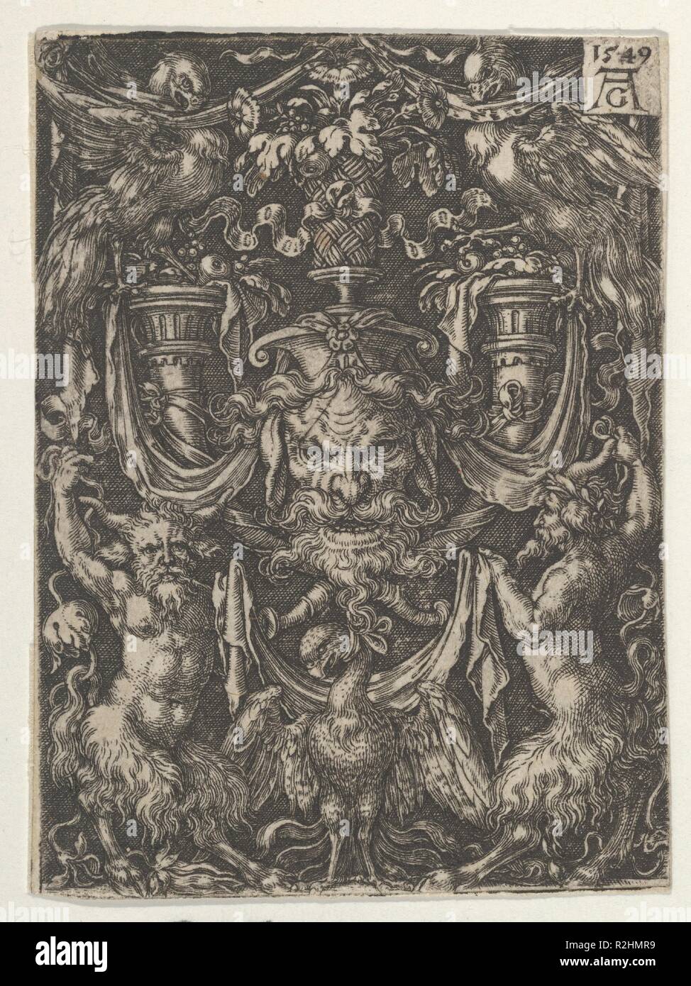 Ornamental Design with a Mask and an Eagle between Two Fauns below. Artist: Heinrich Aldegrever (German, Paderborn ca. 1502-1555/1561 Soest). Dimensions: Sheet: 2 5/8 × 1 15/16 in. (6.7 × 4.9 cm). Date: 1549.  Ornamental design with mask at center flanked by two cornucopias. Below, there is an eagle between two fauns who hold a cloth that drapes behind the eagle. At the top, two eagles perch on the cornucopias, facing inwards. Museum: Metropolitan Museum of Art, New York, USA. Stock Photo