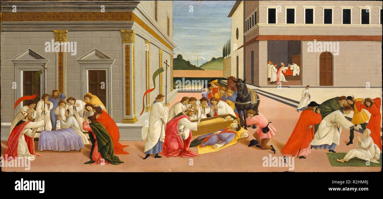 Three Miracles of Saint Zenobius. Artist: Botticelli (Alessandro di Mariano Filipepi) (Italian, Florence 1444/45-1510 Florence). Dimensions: 26 1/2 x 59 1/4 in. (67.3 x 150.5 cm). Date: 1500-1510.  The picture dates about 1500 and is painted in the somewhat harsh style Botticelli evolved during the years Florence was under the sway of the reforming preacher Savonarola. It belongs to a series of four panels illustrating the life of the fifth-century bishop of Florence, all of which are notable for their architectural settings. At left, Zenobius meets a funeral procession and restores a dead you Stock Photo
