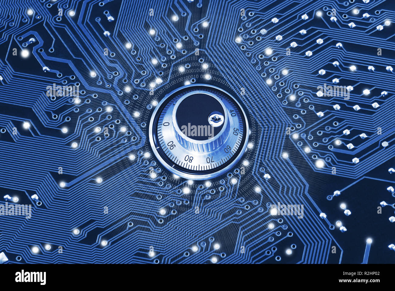 The code lock on the printed circuit board is toned in blue. The concept of data protection, cryptography. Stock Photo