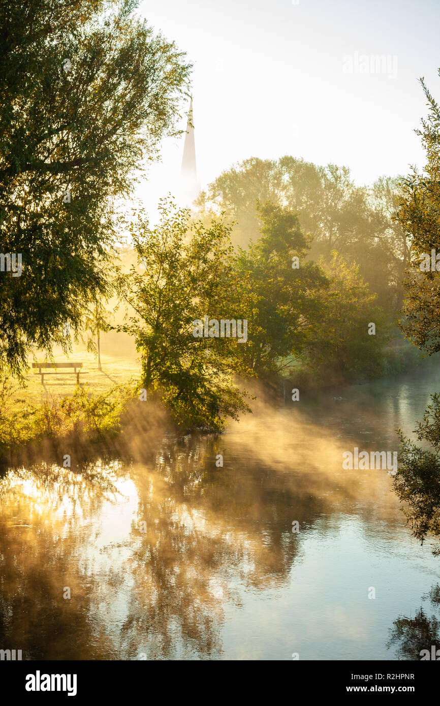 A misty morning on the River Avon in Elizabeth Gardens Salisbury Wiltshire. Stock Photo