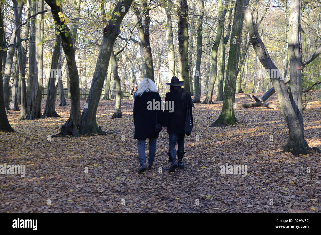 a goth couple stroll through historic highgate wood north london N10 england Stock Photo