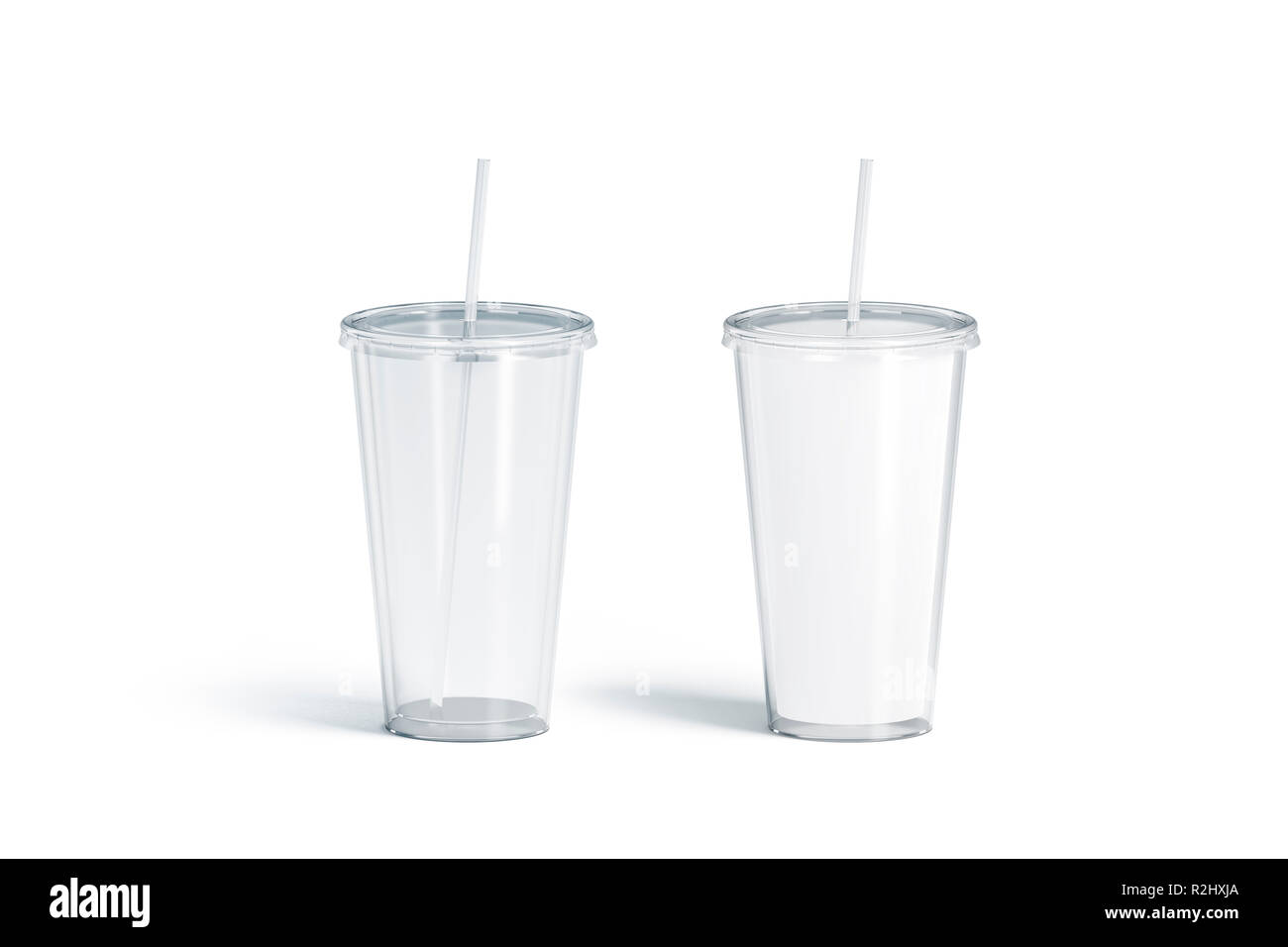 Blank white and transparent acrylic tumbler with straw mockup set, 3d rendering. Empty translucent and matt flask mock up, isolated. Plexiglass beverage mug with pipe template. Stock Photo