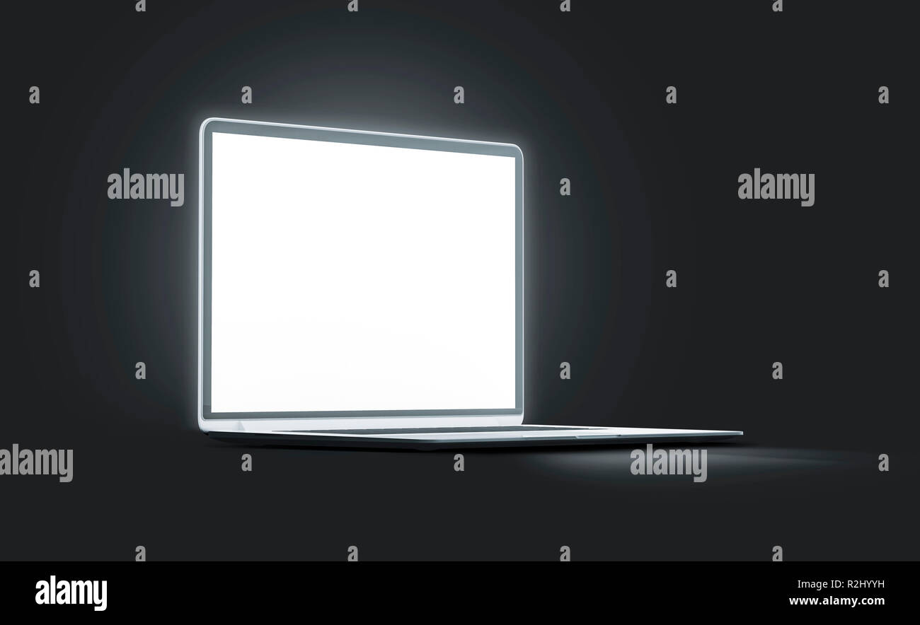 Blank white luminous laptop screen mockup, side view, isolated in darkness, 3d rendering. Empty illuminate computer screen mock up. Portable pc device for network template. Stock Photo