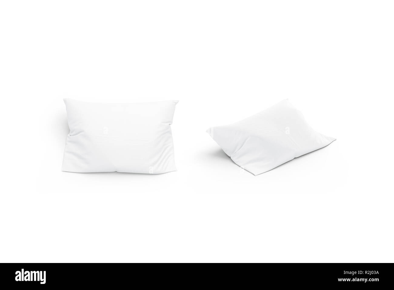 Blank white pillow mockup set, front and side view, isolated, 3d rendering. Empty home sleep kit mock up. Clear soft accessories for relax. Cushion feather in cover template. Stock Photo
