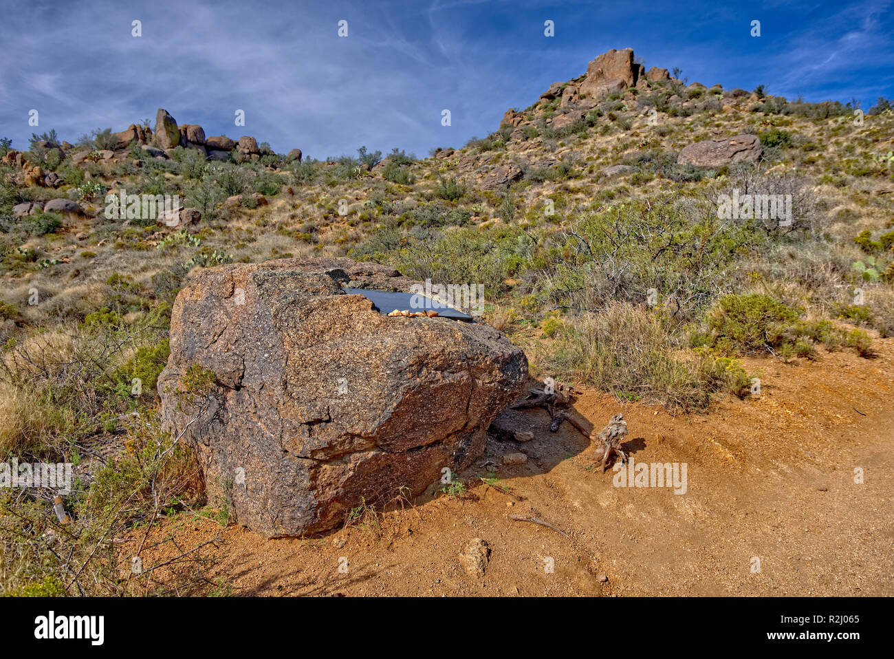 Memorial plaque along Granite Mountain State Park trail, Arizona, USA Stock Photo