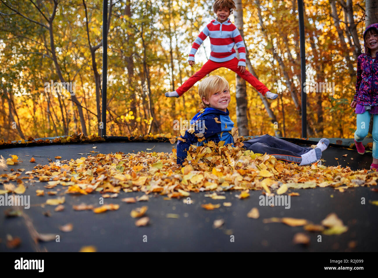 Three children playing on a trampoline covered in autumn leaves, United