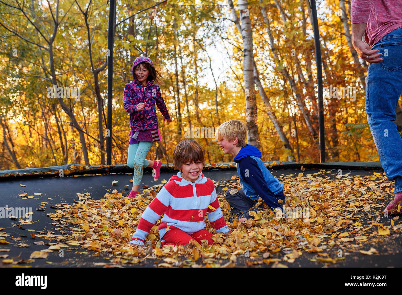 Three children and their father playing on a trampoline covered in