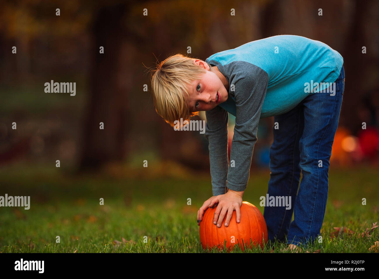 Boy in a garden bending over to pick up a pumpkin, United States Stock Photo