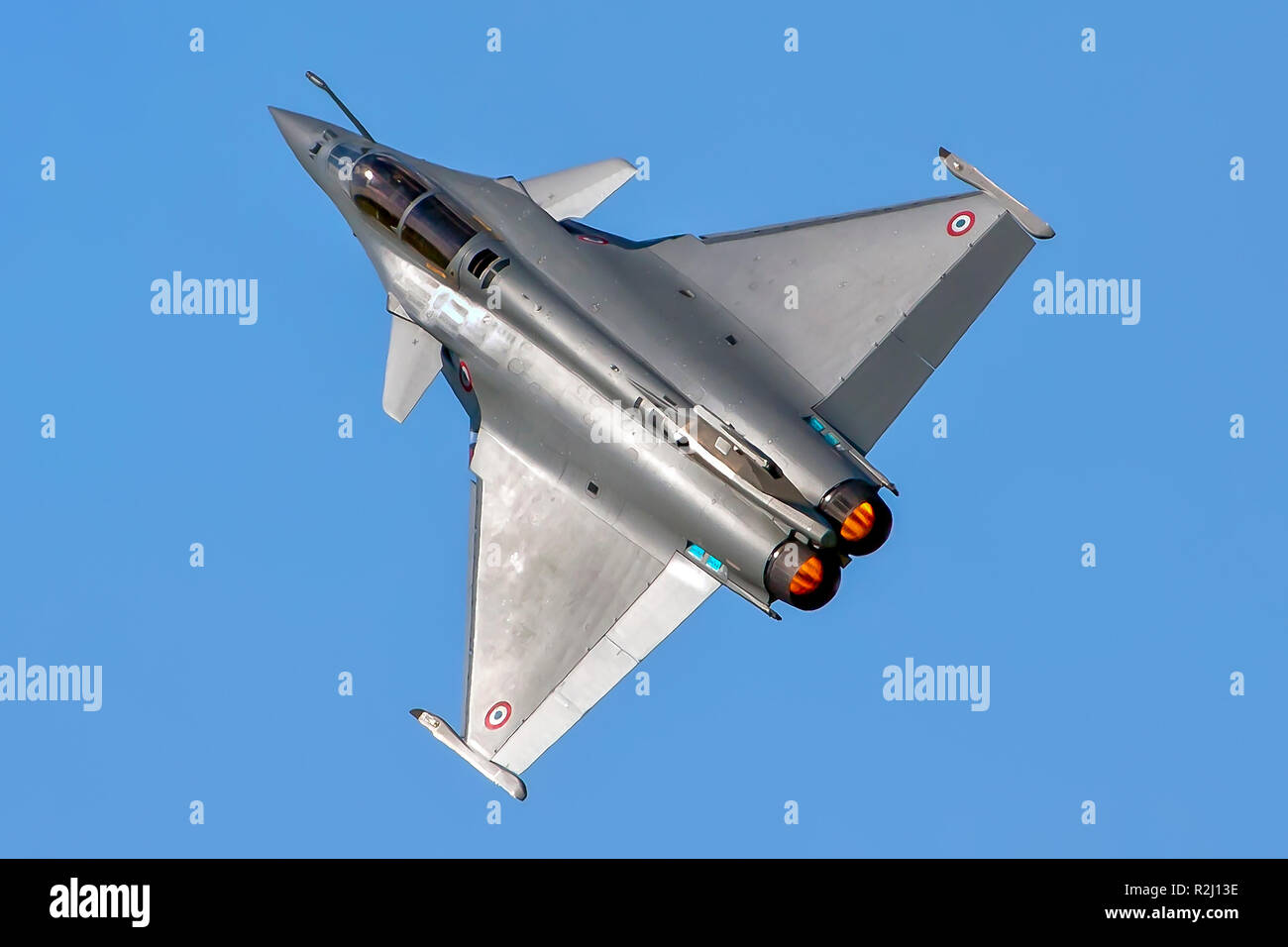 Dassault Rafale is a French twin-engine, canard delta wing, multirole fighter aircraft designed and built by Dassault Aviation. Equipped with a wide r Stock Photo