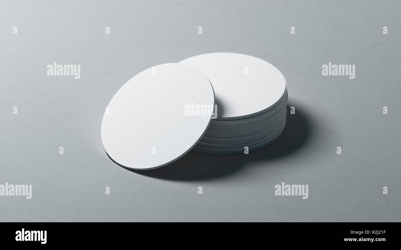 Blank white round beer coasters stack mockup on textured surface ...
