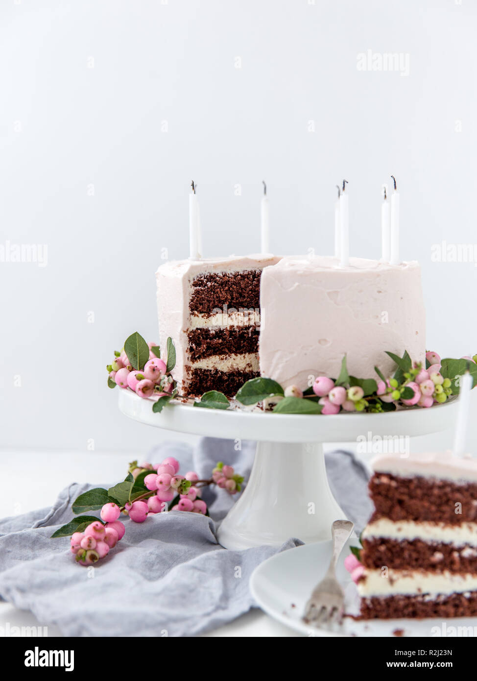 Chocolate birthday cake with rose water frosting Stock Photo Alamy