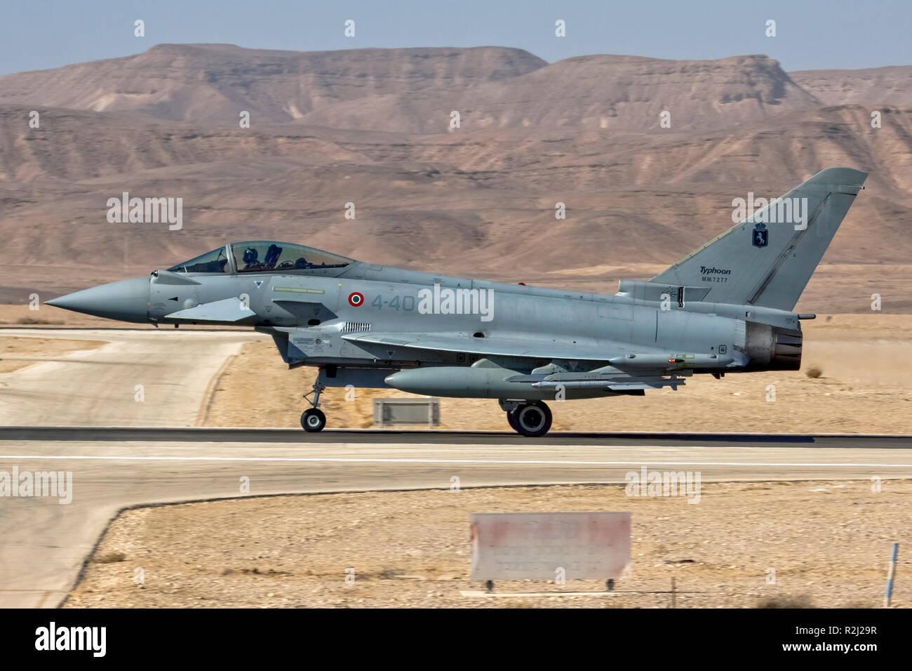 Italian Air force Eurofighter Typhoon in flight. A twinengine, canard