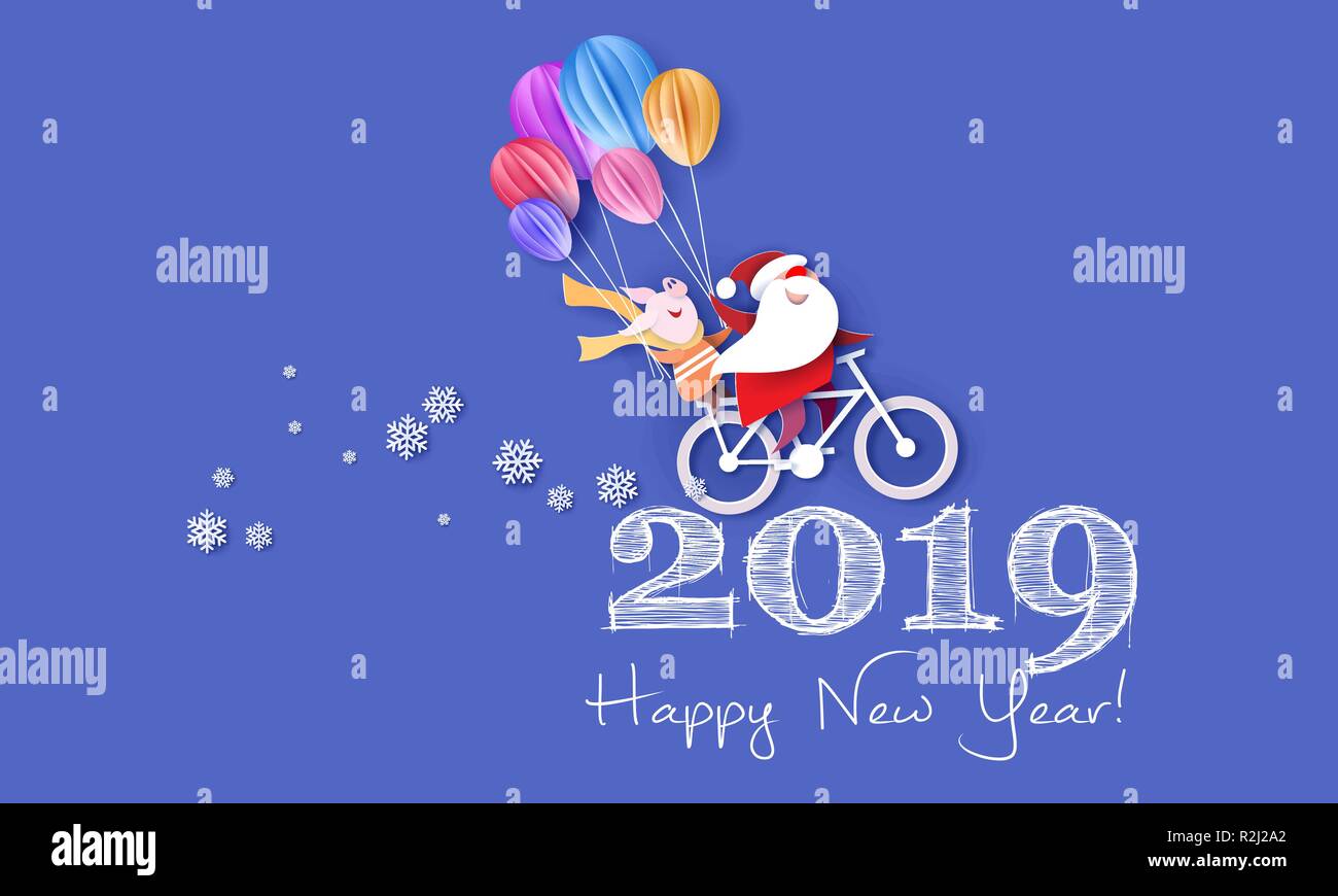19 New Year Design Card With Santa Claus And Funny Pig On Bicycle Over Numbers On Blue Background Vector Paper Art Illustration Paper Cut And Craft Style Stock Vector Image Art