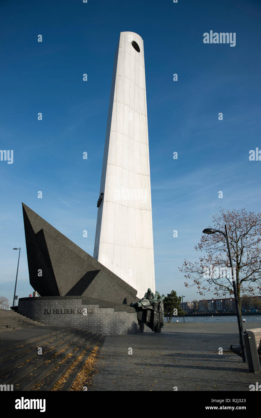 war monument on the promenade of rotterdam near the erasmusbridge, the monument is for the fallen in the second world war Stock Photo