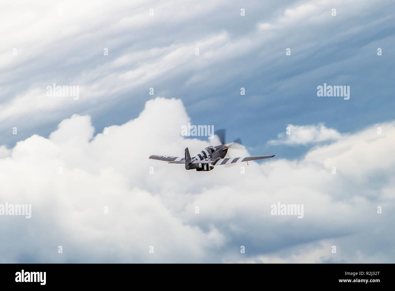 North American P-51B Mustang in flight. Photographed at Royal International Air Tattoo (RIAT) Stock Photo