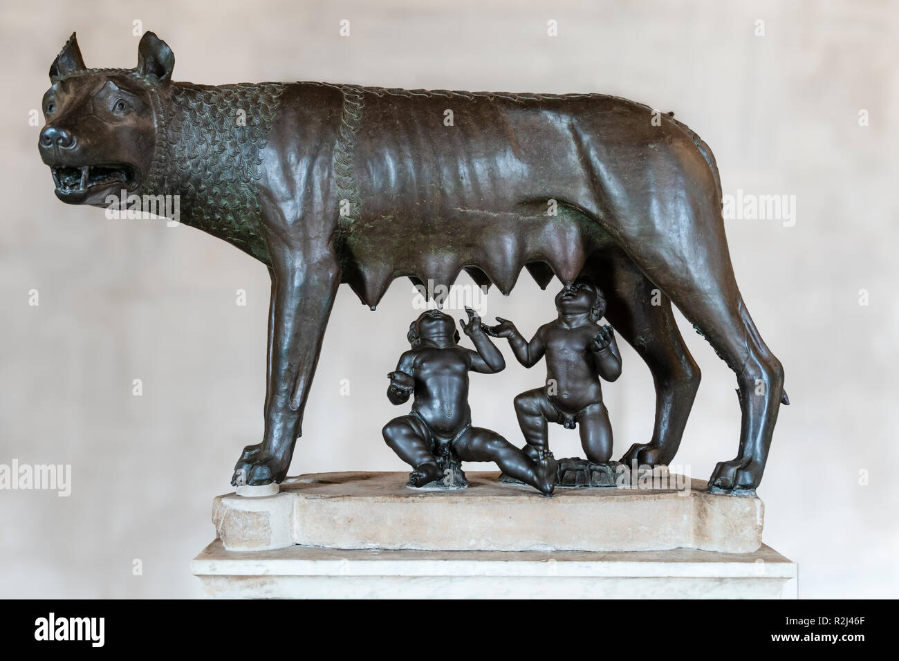 The Capitoline Wolf, a 11th to12th century bronze sculpture depicting a she-wolf suckling the mythical twin founders of Rome, Romulus and Remus. In th Stock Photo