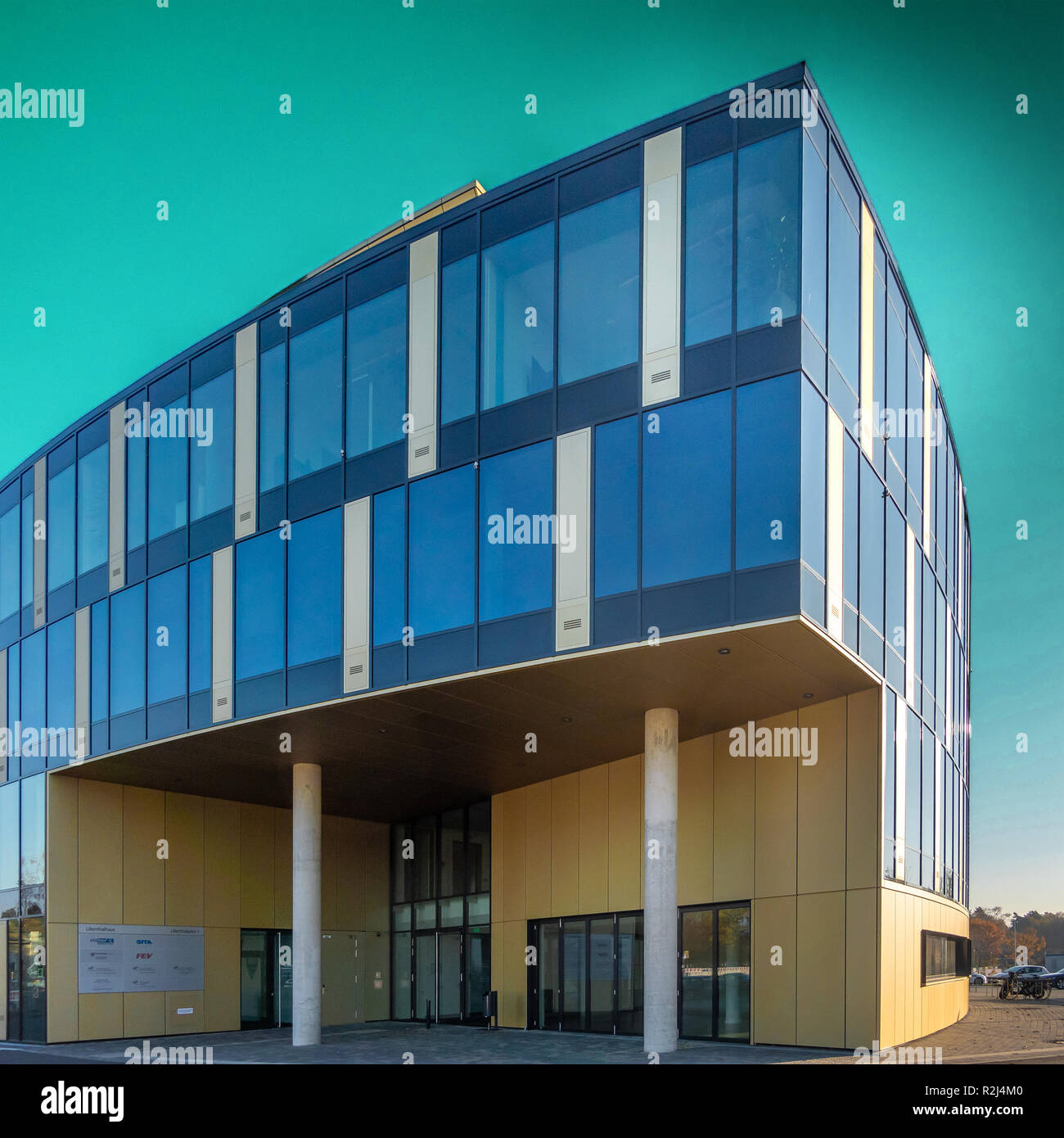 Braunschweig, Germany, November 17, 2018: The Lilienthal building at Braunschweig-Wolfsburg Airport, a new building with large modern glass fronts and Stock Photo