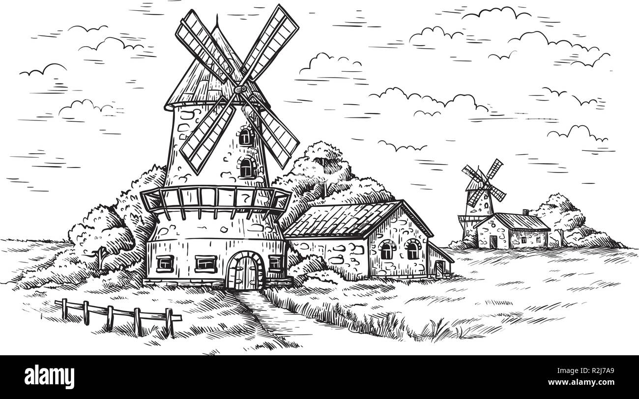 village near a wheat field and a windmill drawn by hand vector illustration Stock Vector