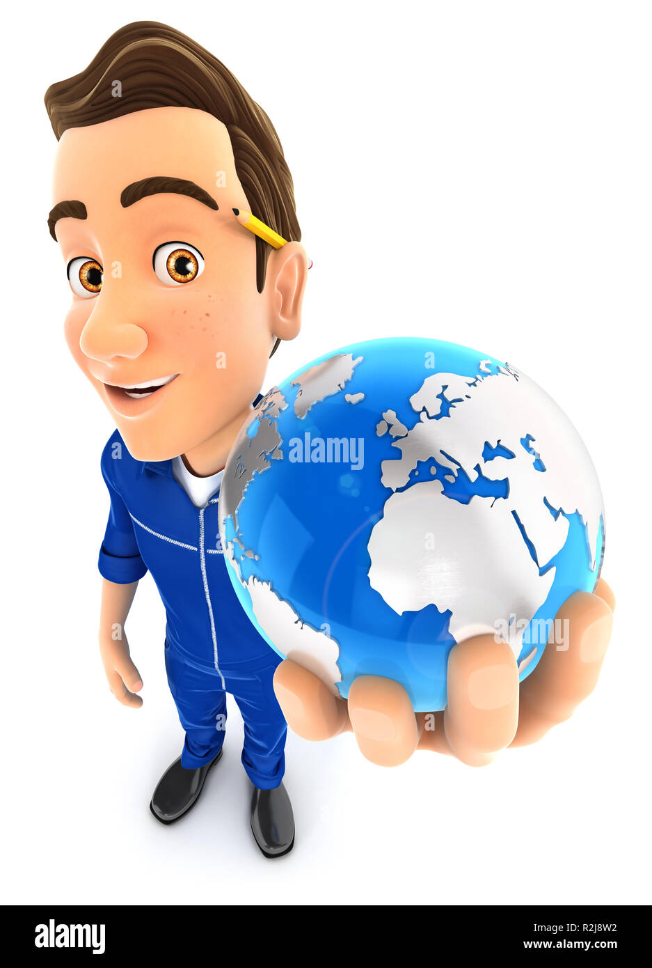 3d mechanic holds blue earth, illustration with isolated white background Stock Photo