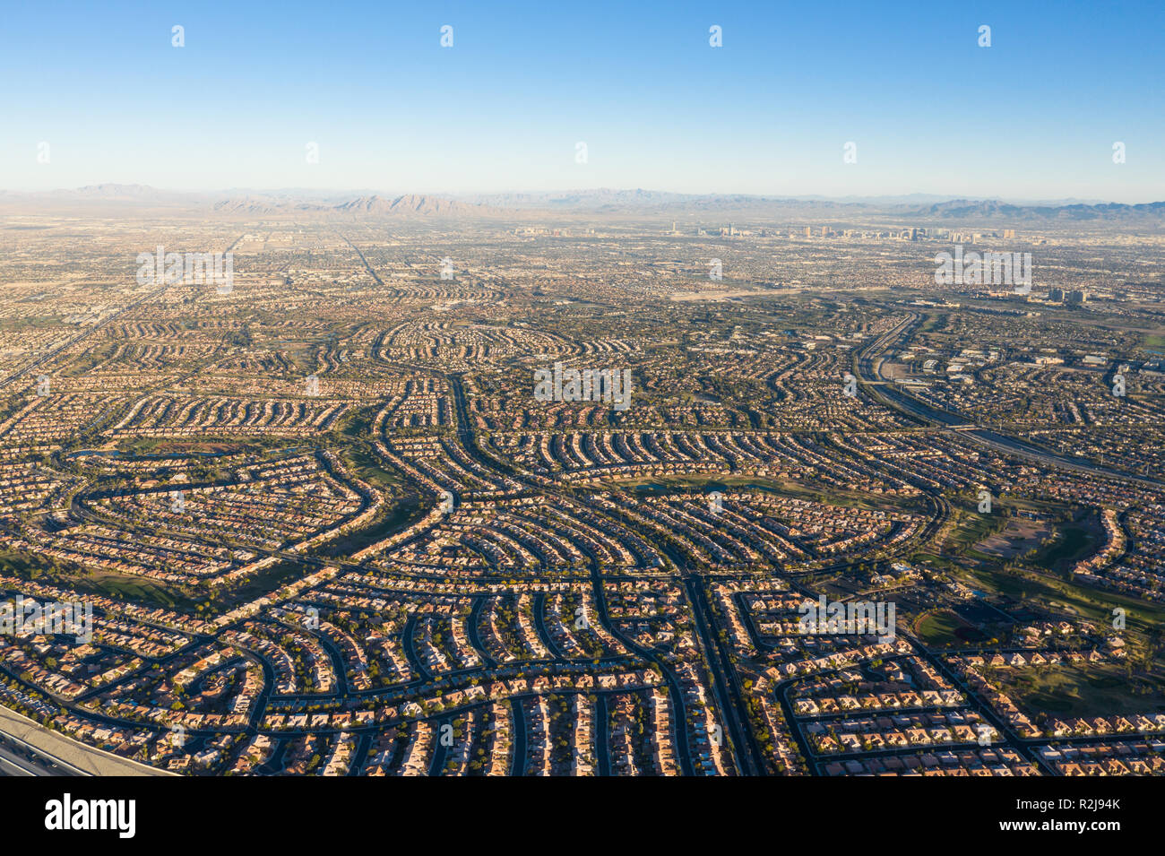 An aerial view shows dense housing developments in Summerlin, just outside the city of Las Vegas, Nevada. This area is quickly being developed. Stock Photo