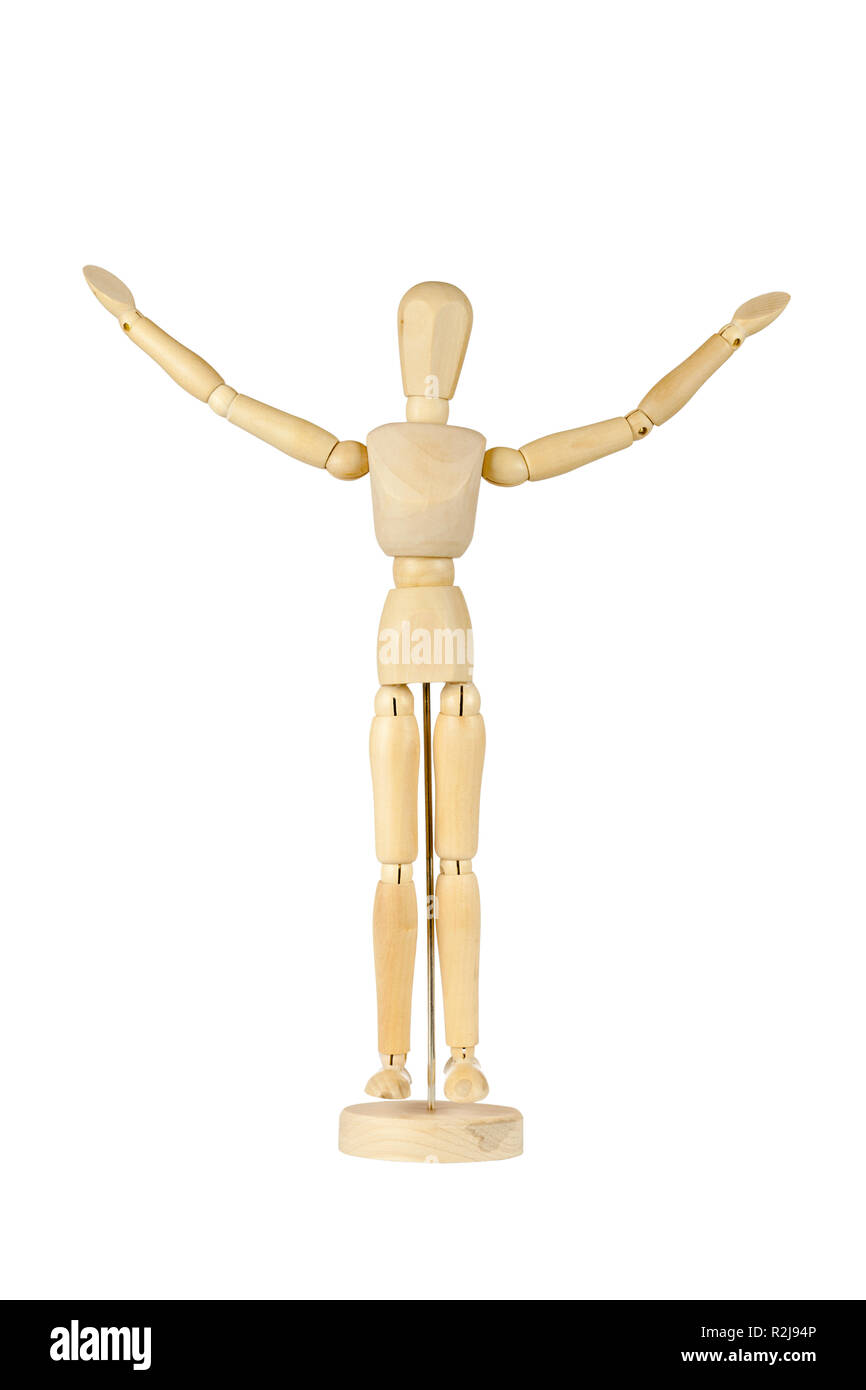 Wooden stickman with arms raised Stock Photo