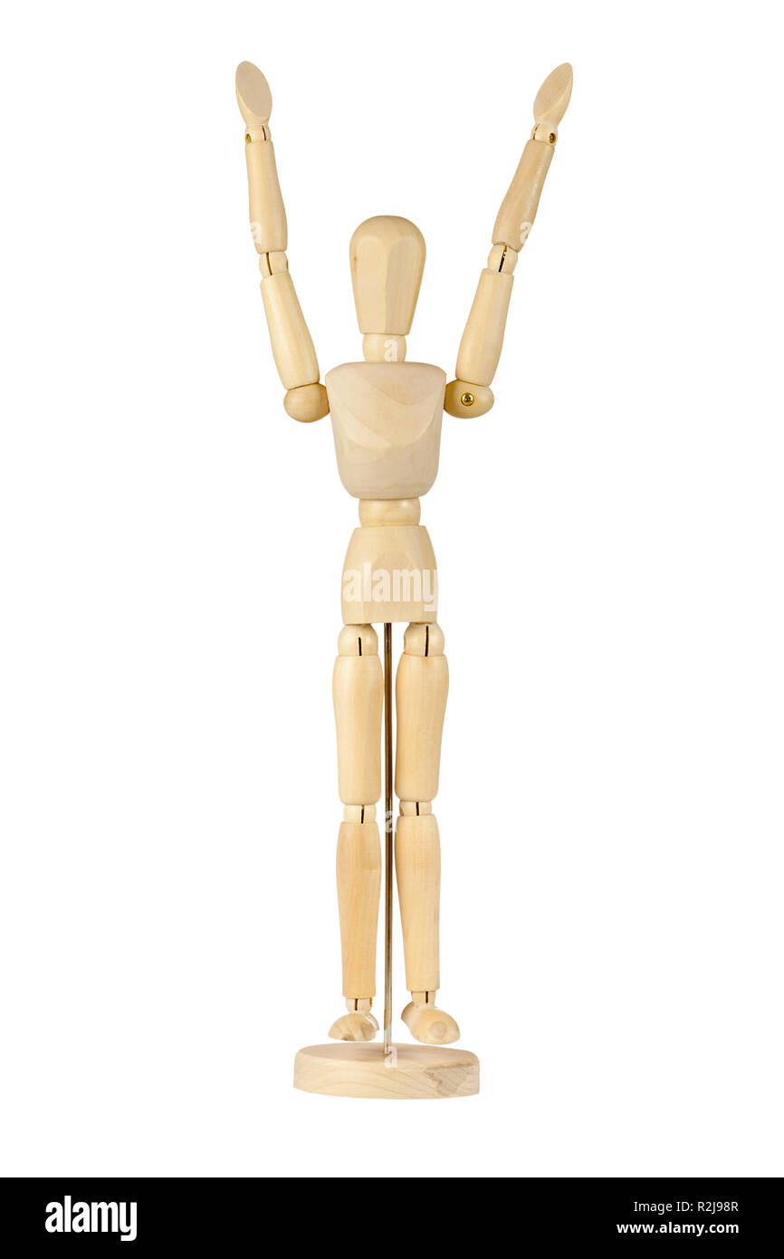 Wooden stickman with arms raised Stock Photo Alamy