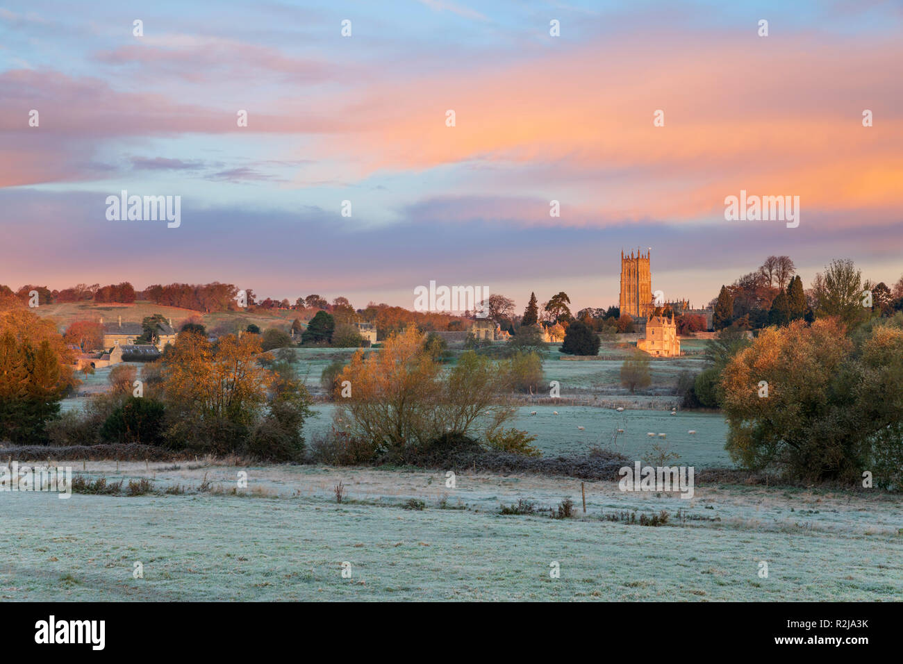 View over Cotswold town of Chipping Campden with St James' church and Dover's Hill on frosty autumn morning Stock Photo