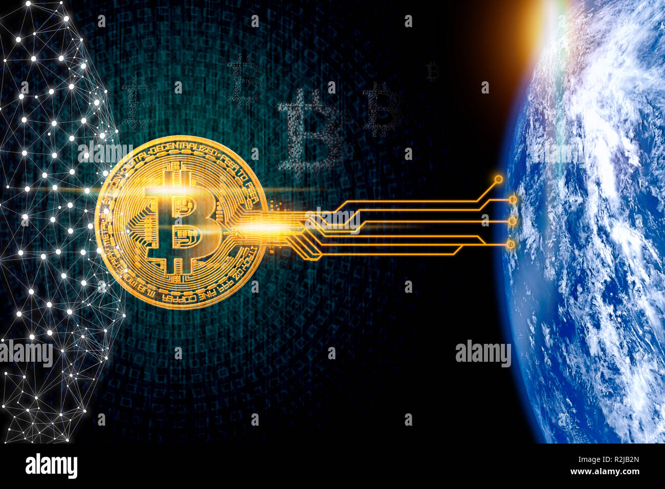 bitcoin on binary background with global connection, digital coin and  cryptocurrency concept, this element finished by NASA Stock Photo - Alamy