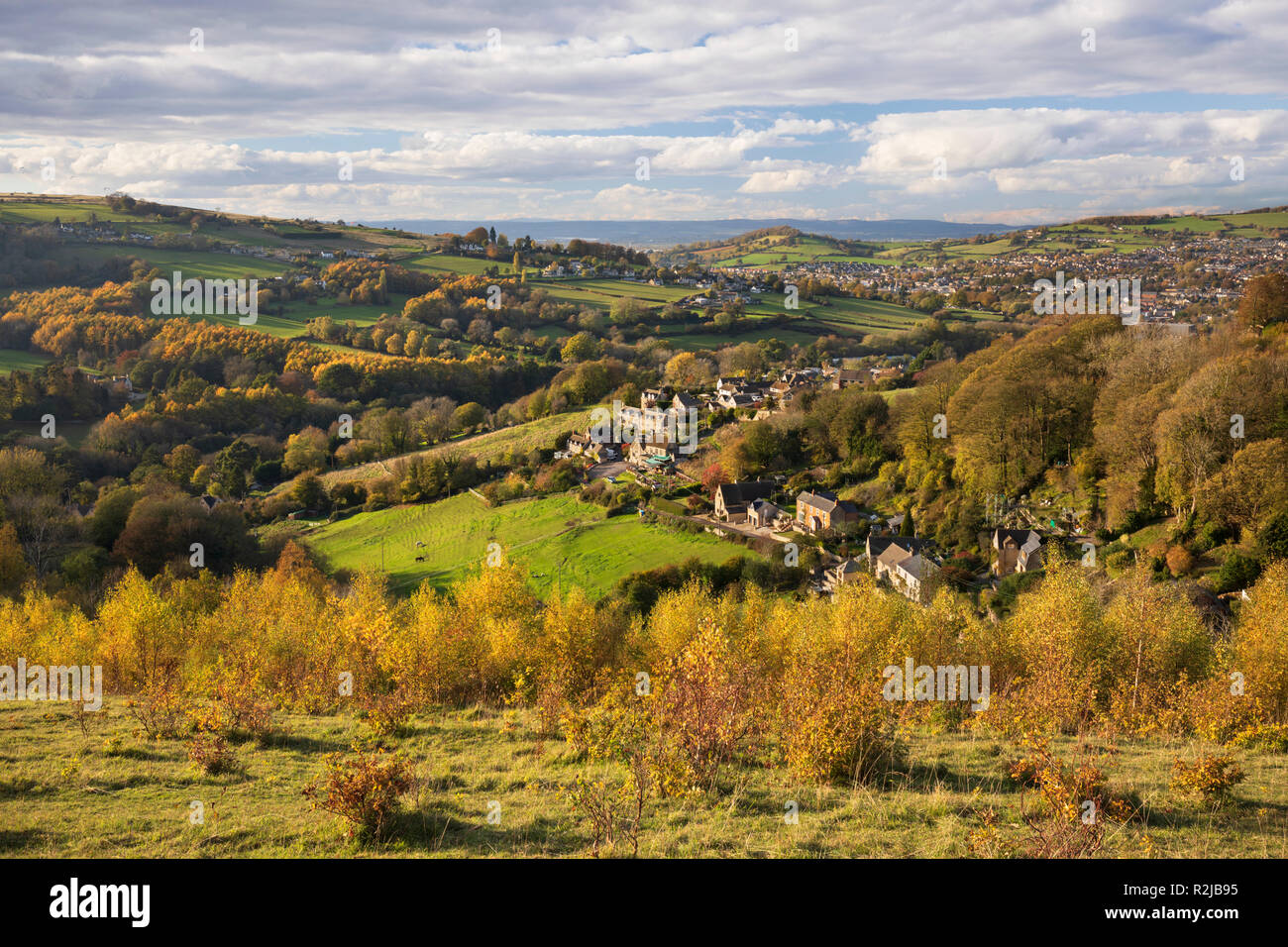 View over Cotswold landscape on autumn afternoon from Rodborough Common, Stroud, Cotswolds, Gloucestershire, England, United Kingdom, Europe Stock Photo