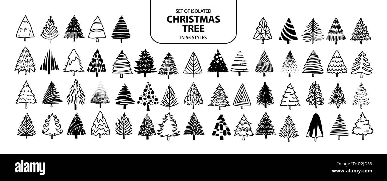 Set of isolated Christmas tree in 55 styles. Cute hand drawn decoration for holiday. Vector illustration in black outline and silhouette on white back Stock Vector