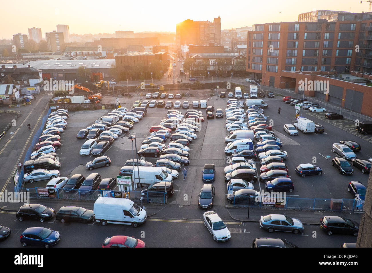 Car,parking,car park, at,Pershore Street,at,sunset,sundown,cars,full