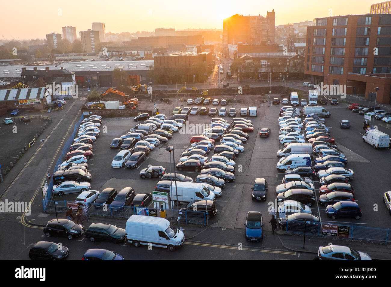Car,parking,car park, at,Pershore Street,at,sunset,sundown,cars,full