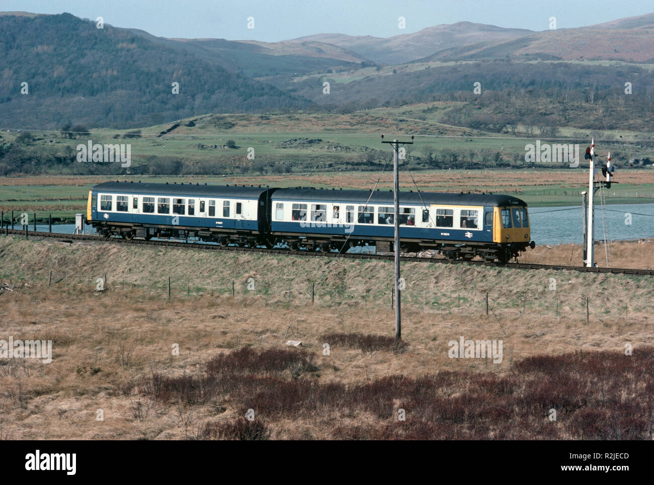 British Rail Diesel Multiple Unit, DMU, train on River Dovey marshlands, on the Dovey Junction to Pwllheli Cambrian Coast railway line, Merionethshire County, Wales, Great Britain Stock Photo