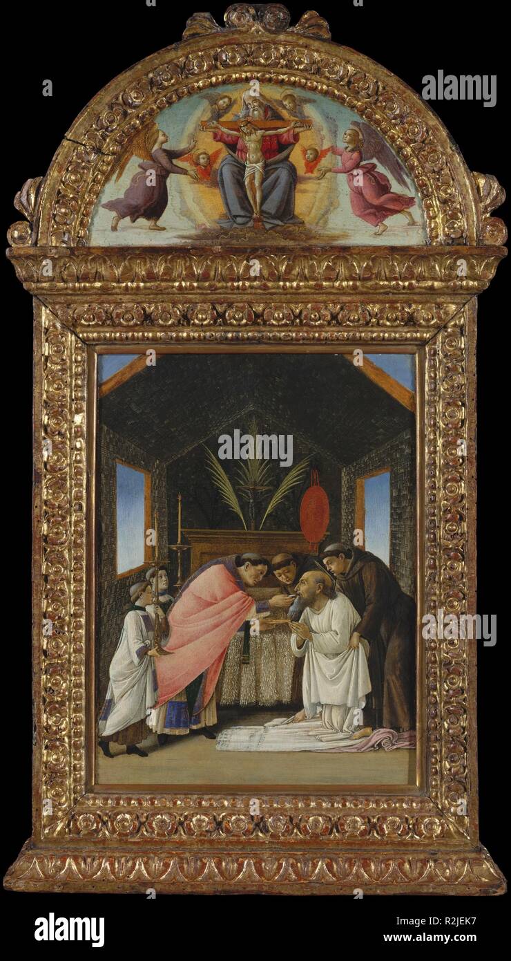 The Last Communion of Saint Jerome. Artist: Botticelli (Alessandro di Mariano Filipepi) (Italian, Florence 1444/45-1510 Florence). Dimensions: 13 1/2 x 10 in. (34.3 x 25.4 cm). Date: early 1490s.  The great fourth-century scholar and translator of the Bible into Latin is shown in his cell near Bethlehem, supported by his brethren as he receivies Last Communion. Famous in its day, the picture was painted for the Florentine wool merchant Francesco del Pugliese, a supporter of the radical preacher Savonarola. An opponent of the Medici, Pugliese may have been attracted to the subject for its deepl Stock Photo