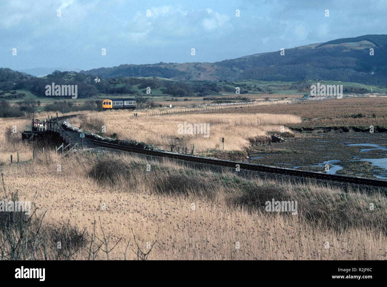 British Rail Diesel Multiple Unit, DMU, train on the River Dovey estuary marshlands, on the Dovey junction to Pwllheli Cambrian Coast railway line, Merionethshire County, Wales, Great Britain Stock Photo