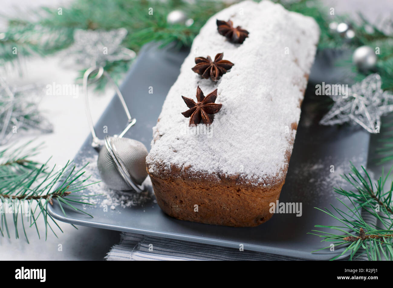 Loaf Cake Dusted With Icing Sugar Christmas And Winter Holidays Treat Homemade Pound Cake On Grey Background Stock Photo Alamy